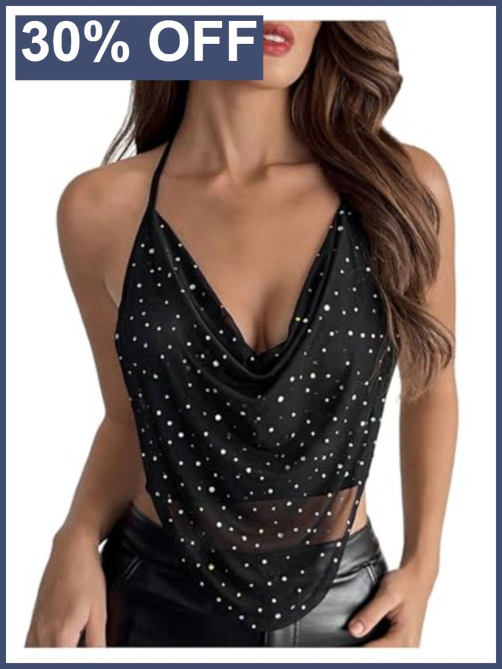 Sequin Halter Cowl Neck Backless Crop Top Glitter Party Top